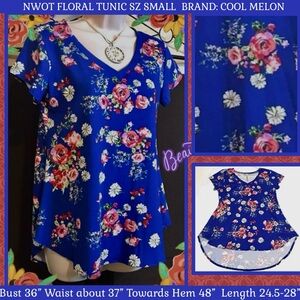 NWOT S TUNIC COTTAGECORE BEAUTIFULLY BRILLIANT BLUE  COUNTRY FLORAL HI-LO HEM